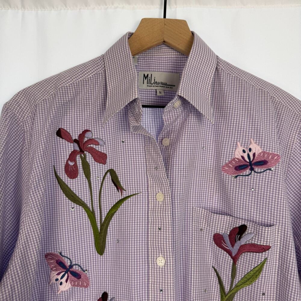 MILI DESIGNS Embroidered Blouse Top Womens Purple S Gingham Check Butterflies - Picture 4 of 9